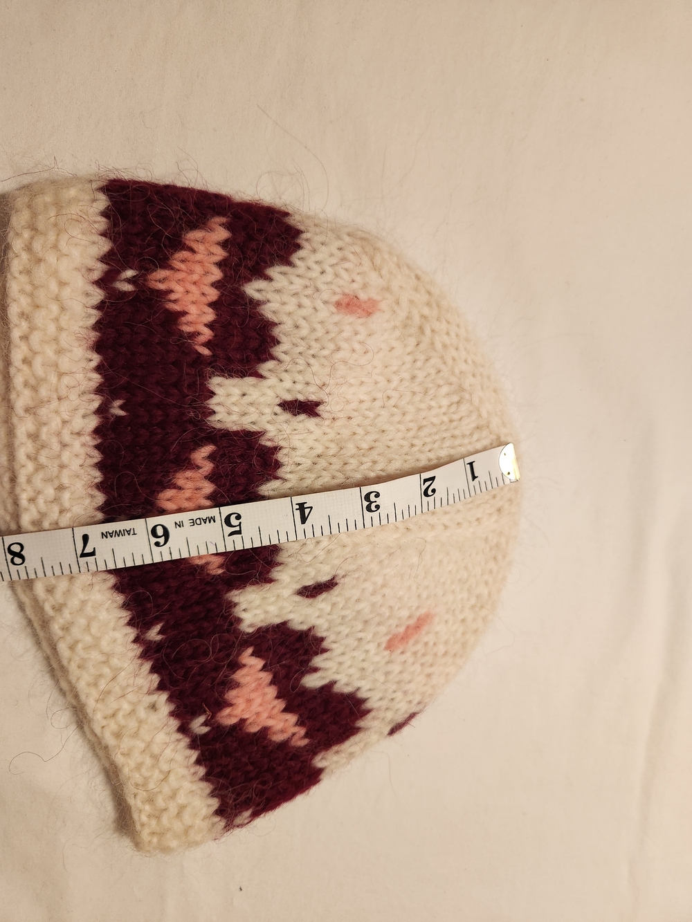 Hand Knit Icelandic 100% Wool Beanie Cream Burgundy Pink Women’s - Picture 3 of 6